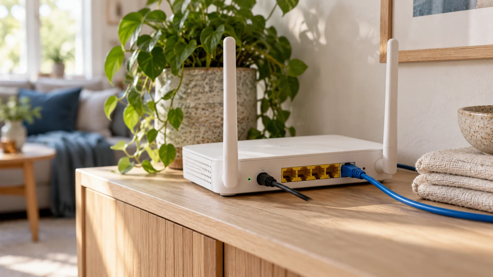 Trådlös router med nätverkskabel på en hylla i ett ljust hem