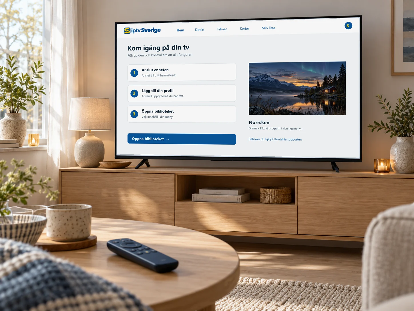 Tv med en steg-för-steg-guide och en fjärrkontroll på ett soffbord