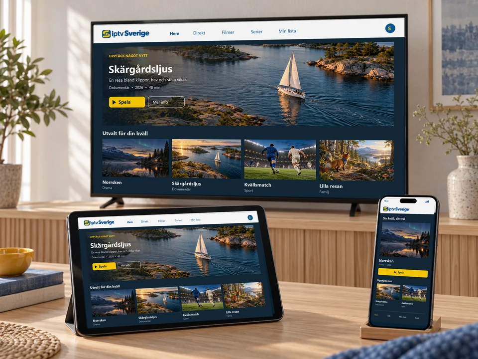Tv, surfplatta och mobil bredvid varandra med samma streamingmeny