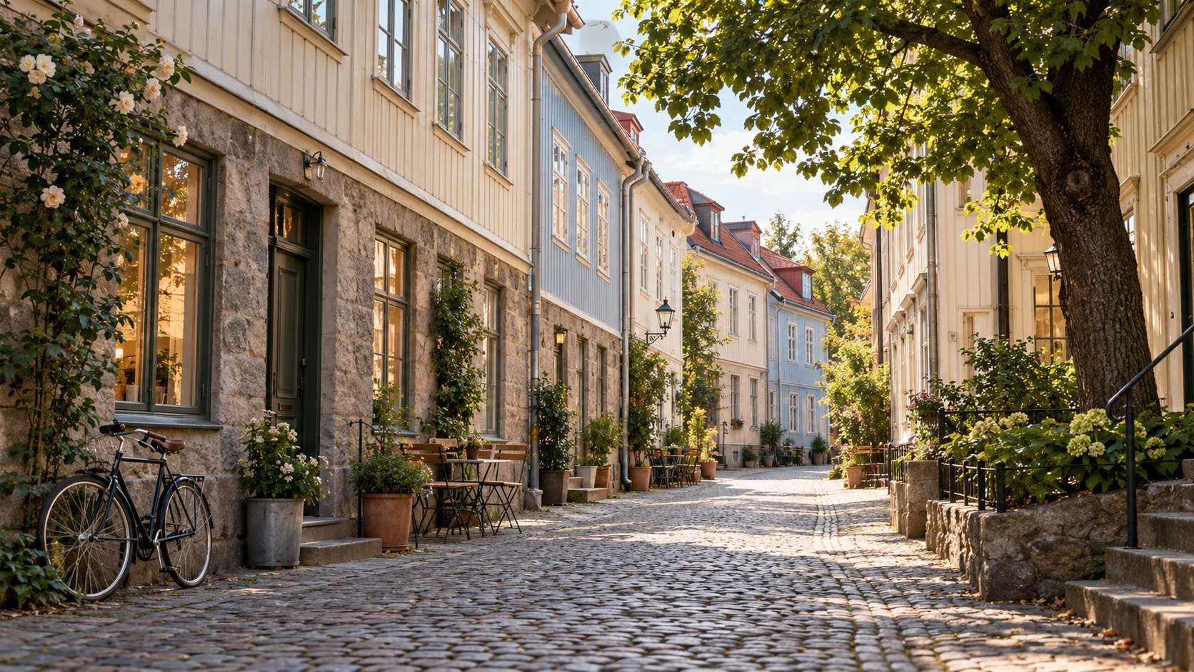 Kullerstensgata med trähus, cykel och grönska i Göteborgsstadsdelen Haga