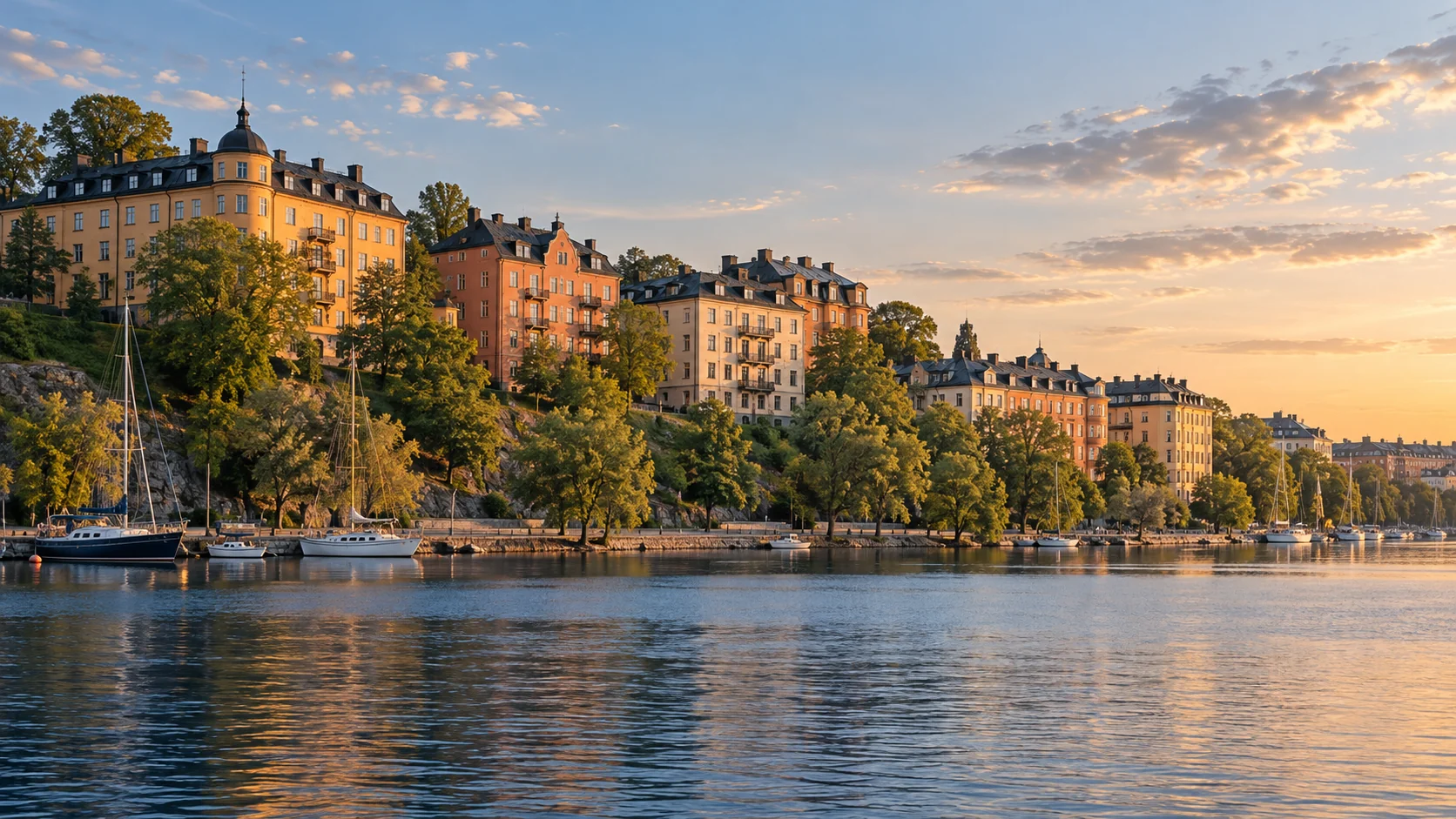 Färgstarka stenhus och grönska vid vattnet i Stockholm en sensommarkväll