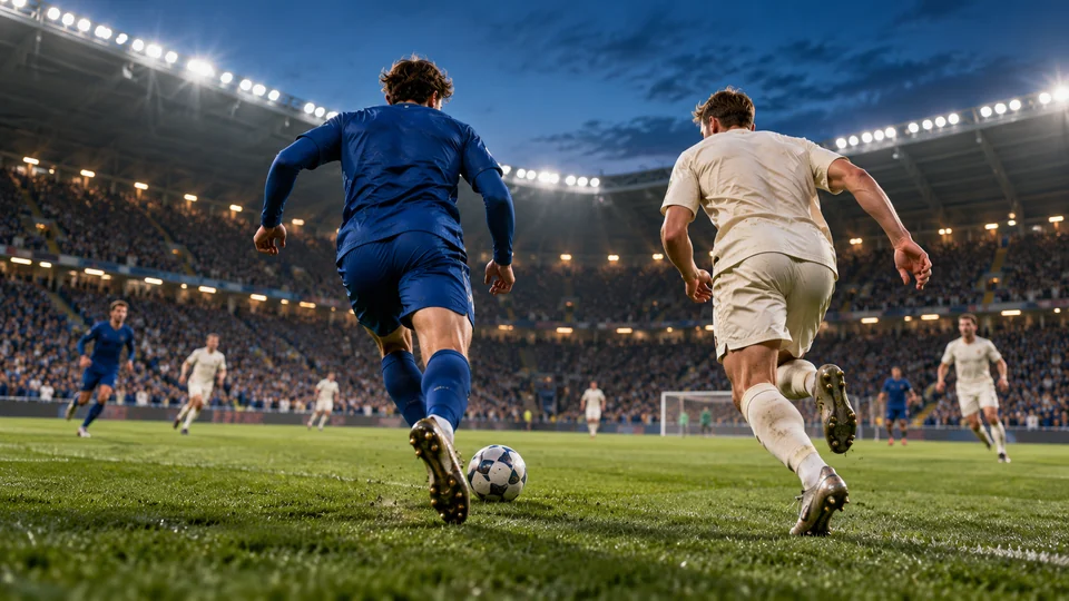 Fotbollsspelare i blått och vitt på en upplyst arena – fiktiv sportbild