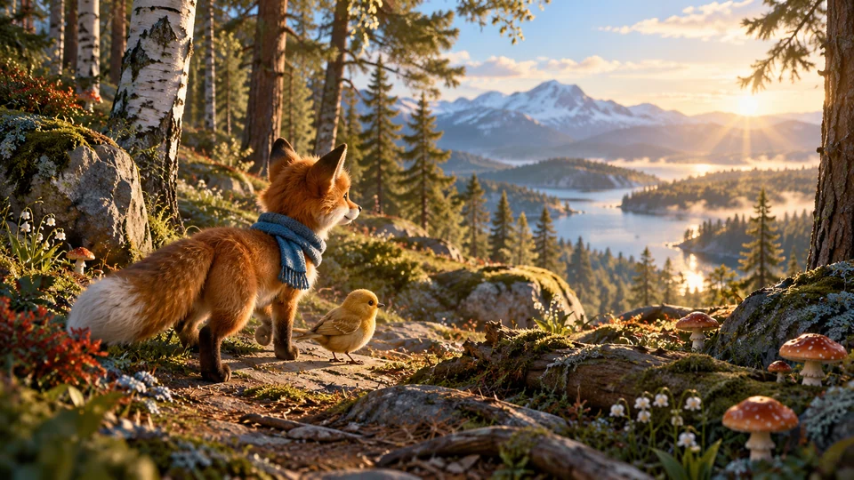 Illustrerad räv och liten fågel i en nordisk skog – fiktiv familjefilm