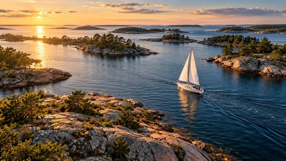 Segelbåt mellan skärgårdens klippor i kvällssol – fiktiv naturdokumentär