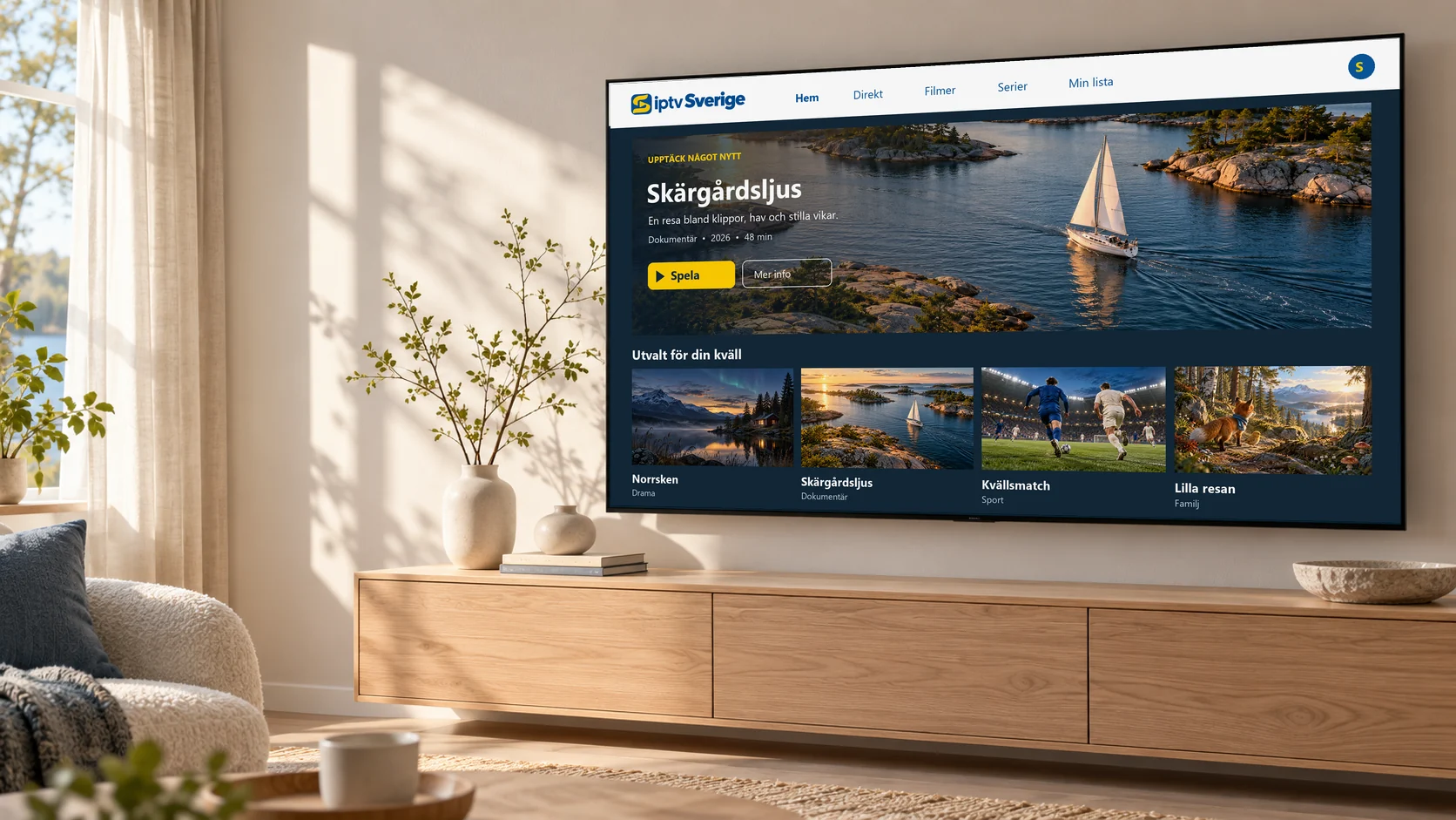 Stor smart-tv på väggen i ett ljust vardagsrum med en streamingmeny på skärmen