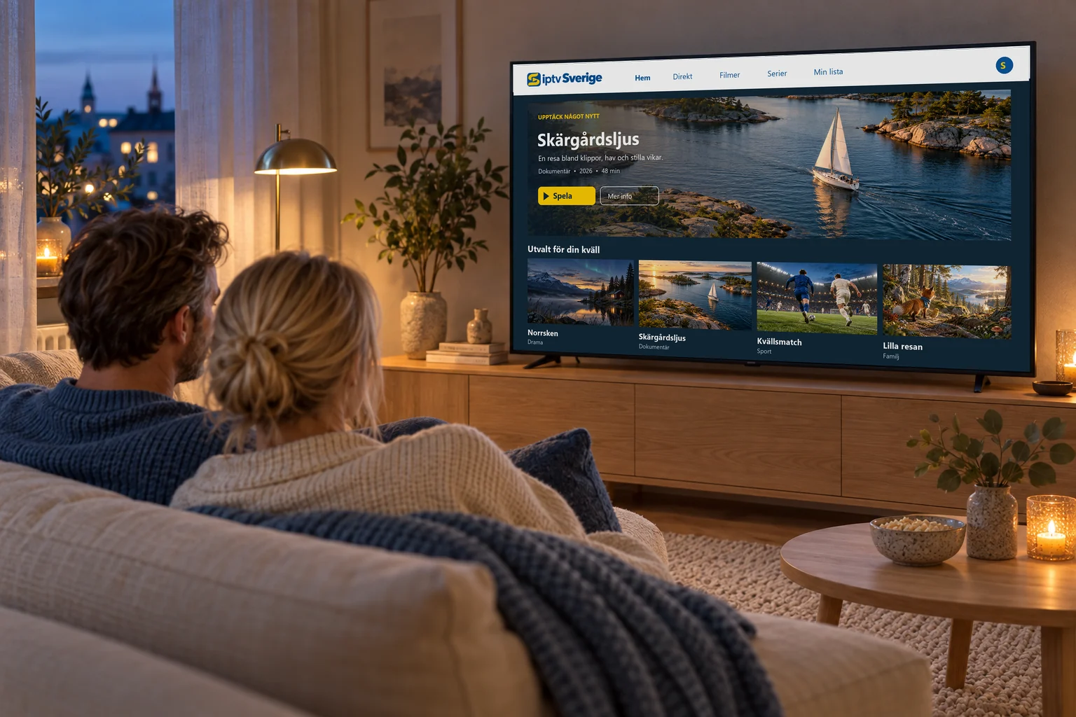 Två vuxna i en soffa som tittar på tv en kväll i ett varmt upplyst vardagsrum