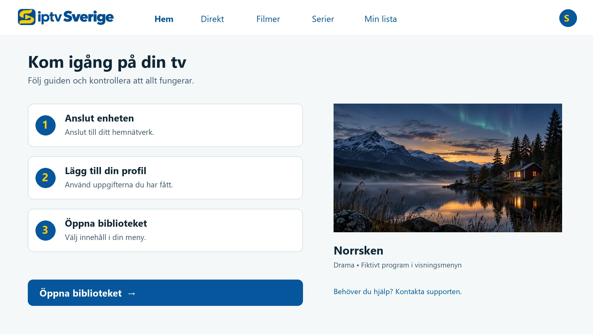 Fiktiv installationsguide på svenska med tre steg på en tv-skärm
