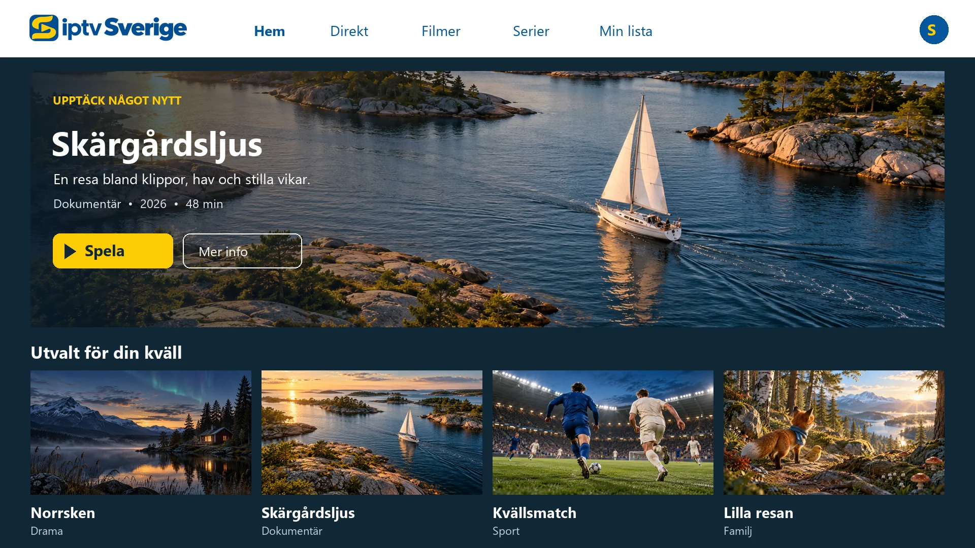 Fiktiv svensk startsida i en streamingapp med utvalda program för kvällen