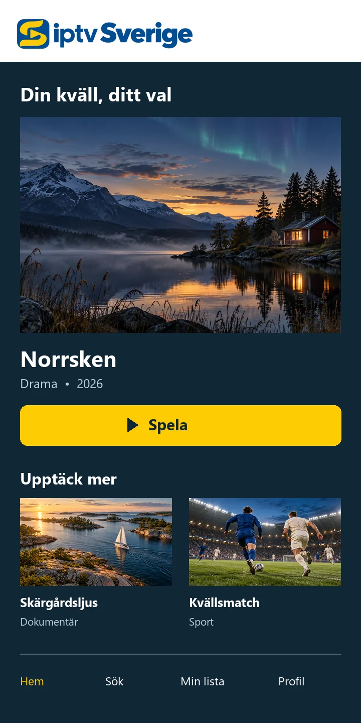 Fiktiv streamingmeny på svenska i mobilformat
